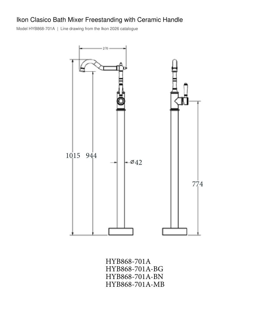 Clasico Bath Mixer Freestanding with Ceramic Handle line drawing