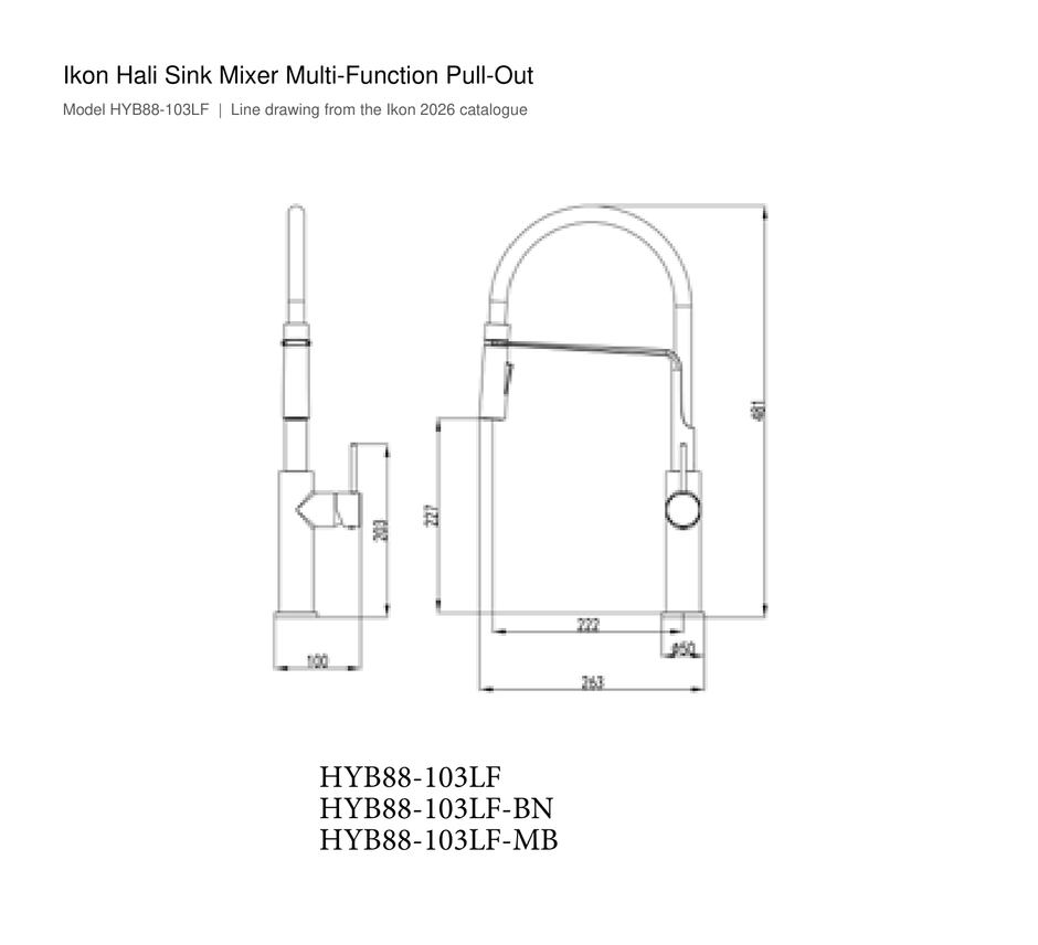 Hali Sink Mixer Multi-Function Pull-Out line drawing