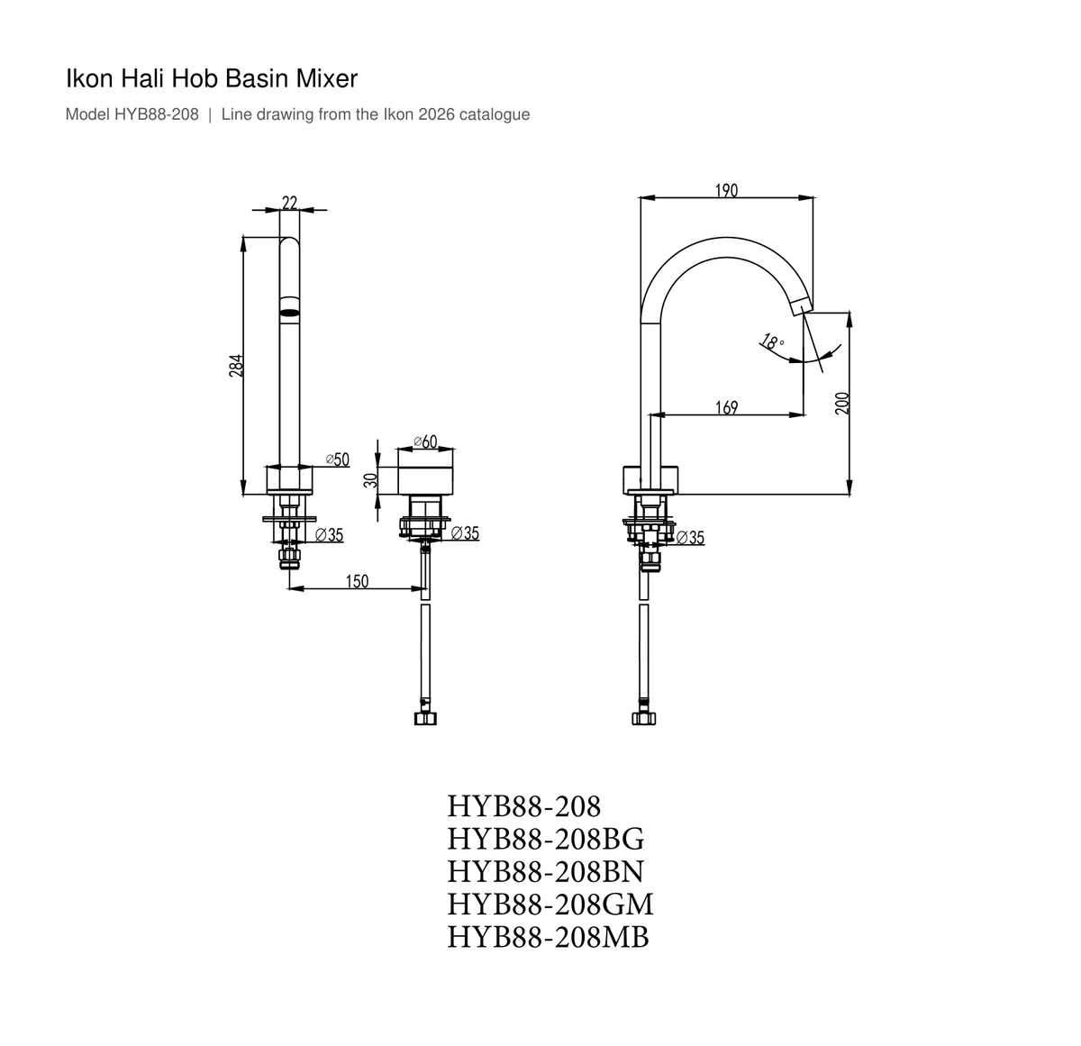 Hali Hob Basin Mixer line drawing
