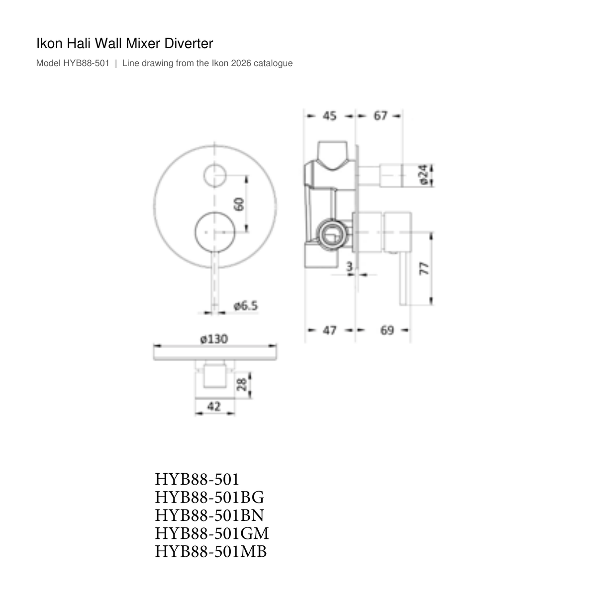 Hali Wall Mixer Diverter line drawing