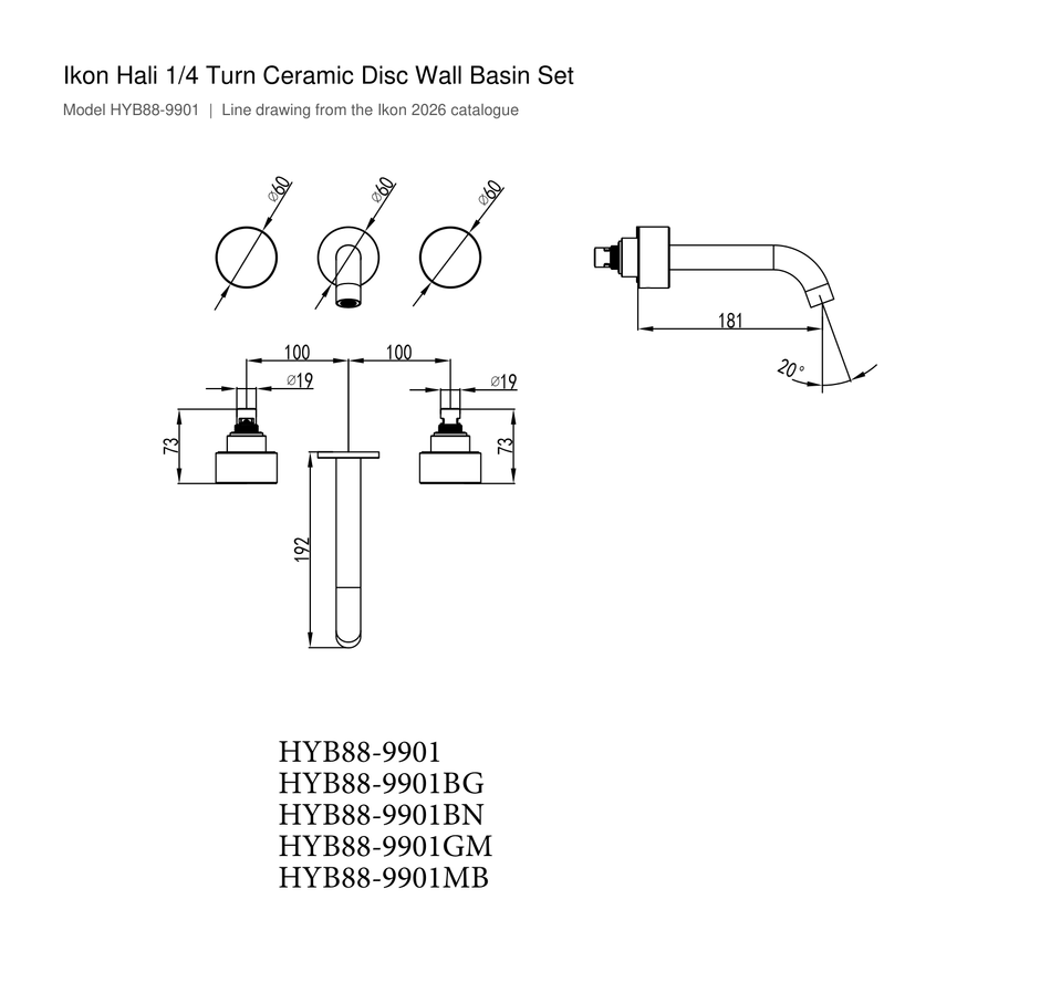 Hali 1/4 Turn Ceramic Disc Wall Basin Set line drawing