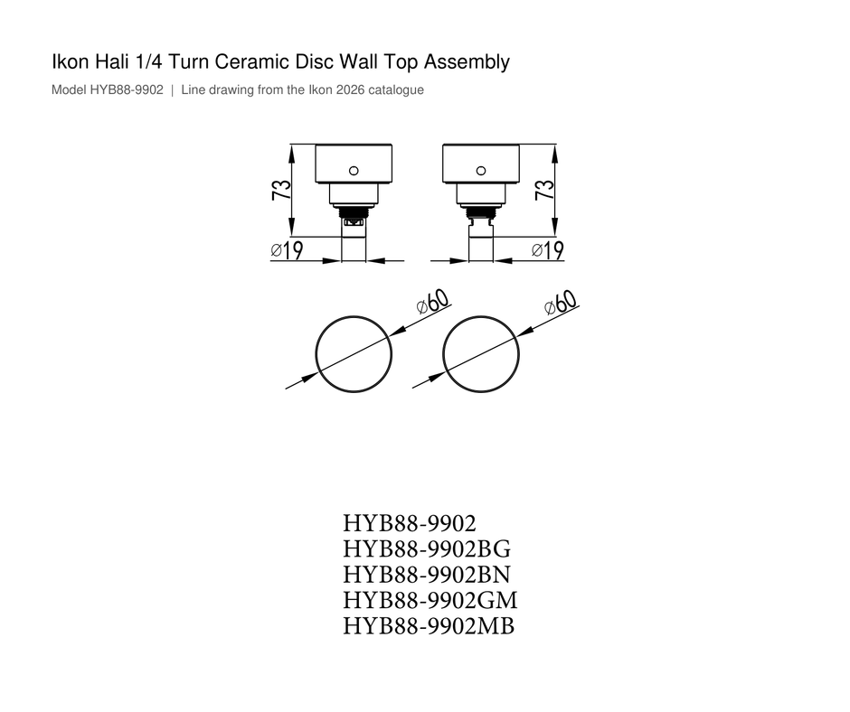 Hali 1/4 Turn Ceramic Disc Wall Top Assembly line drawing