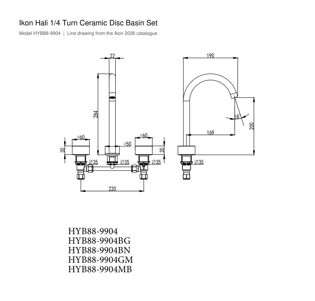 Hali 1/4 Turn Ceramic Disc Basin Set line drawing