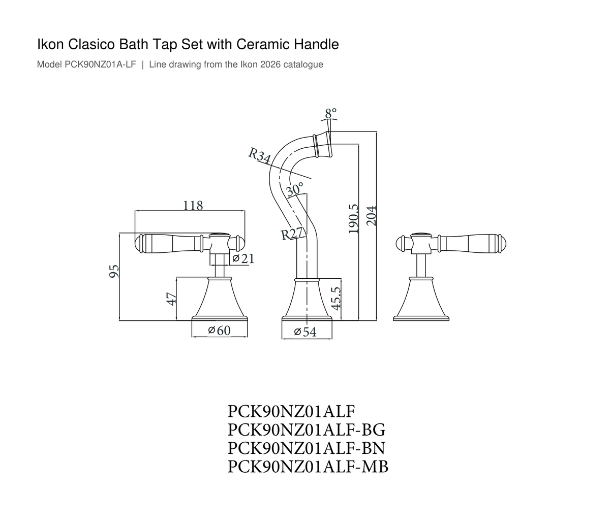 Clasico Bath Tap Set with Ceramic Handle line drawing
