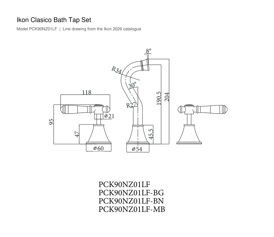 Clasico Bath Tap Set line drawing