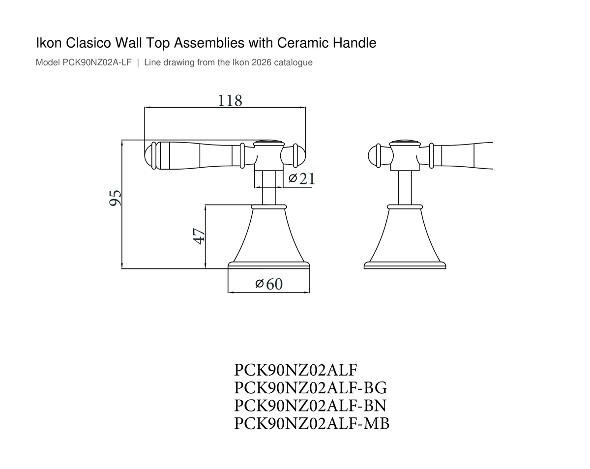 Clasico Wall Top Assemblies with Ceramic Handle line drawing