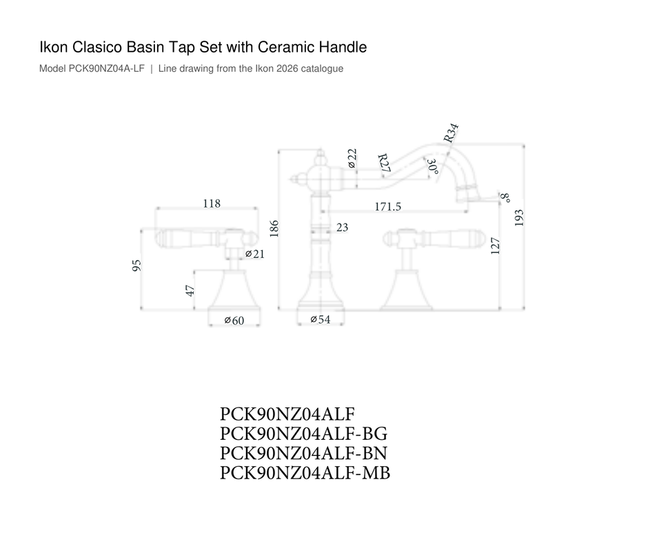 Clasico Basin Tap Set with Ceramic Handle line drawing