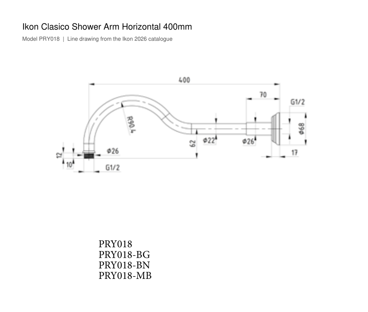Clasico Shower Arm Horizontal 400mm line drawing