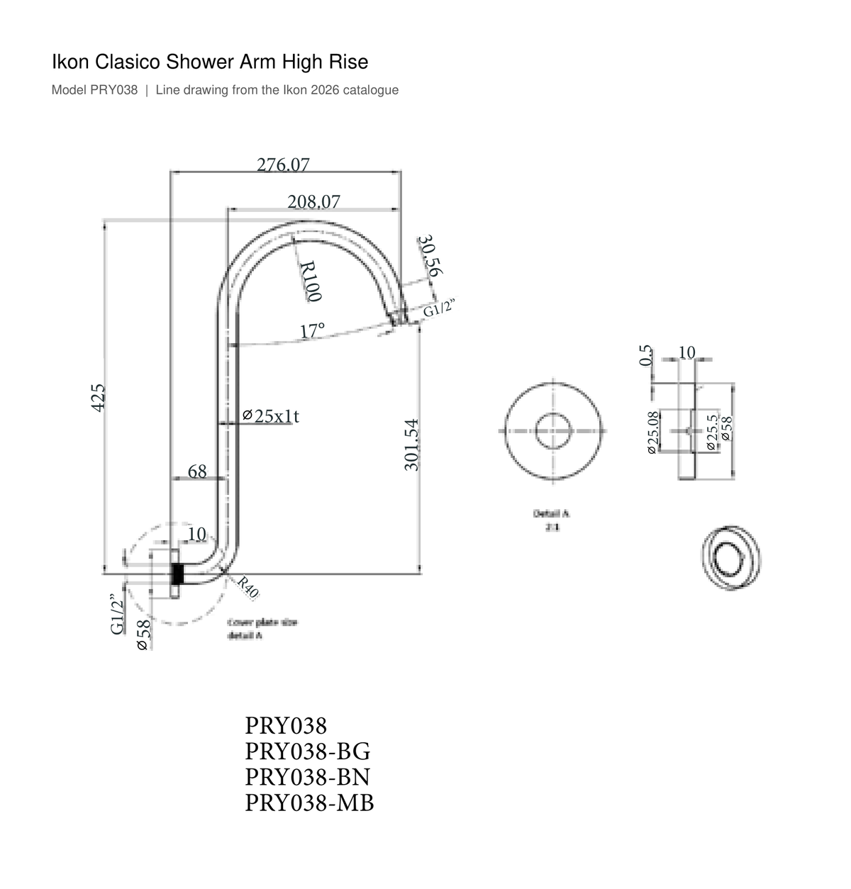 Clasico Shower Arm High Rise line drawing