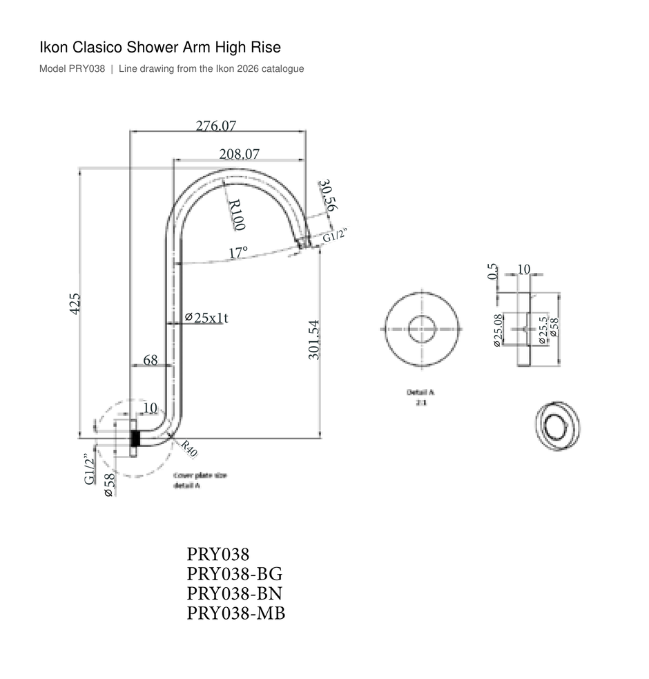 Clasico Shower Arm High Rise line drawing