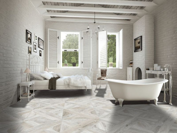 Intarsio Bianco Matt Timber Look Porcelain Tiles in a room setting