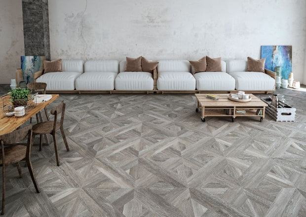 Intarsio Grigio Matt Timber Look Porcelain Tiles in a room setting