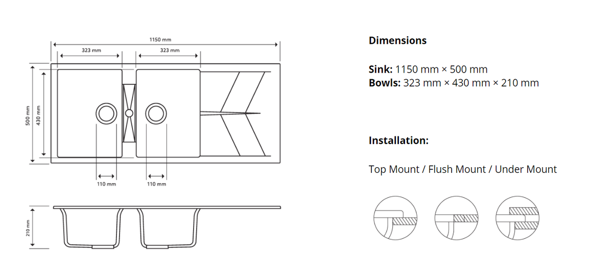 Navona Jazz D200 Double Bowl Granite Sink with Drainer 1160 x 500 x 210mm technical drawing