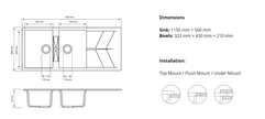 Navona Jazz D200 Double Bowl Granite Sink with Drainer 1160 x 500 x 210mm technical drawing