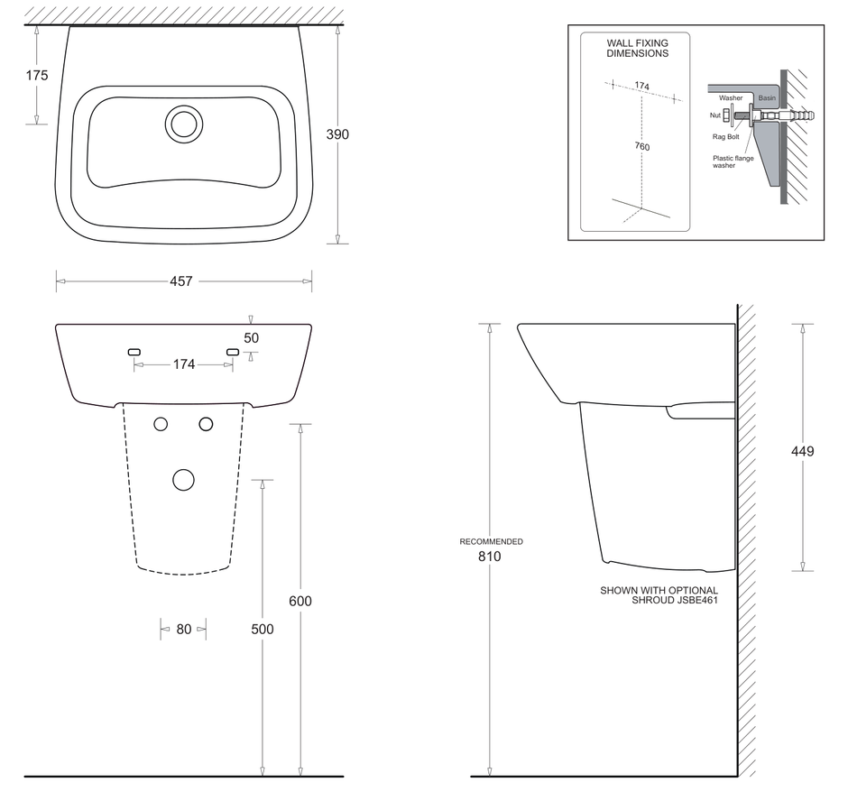 Emilia MkII Wall Basin 457 x 390 dimensions line drawing
