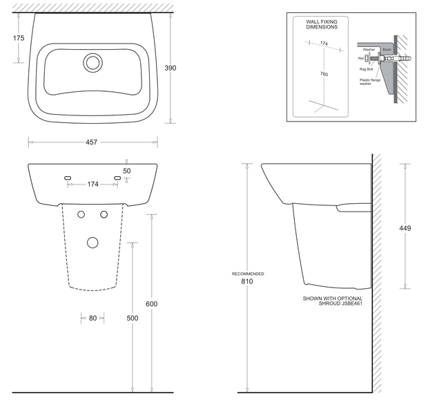 Emilia MkII Wall Basin 457 x 390 dimensions line drawing