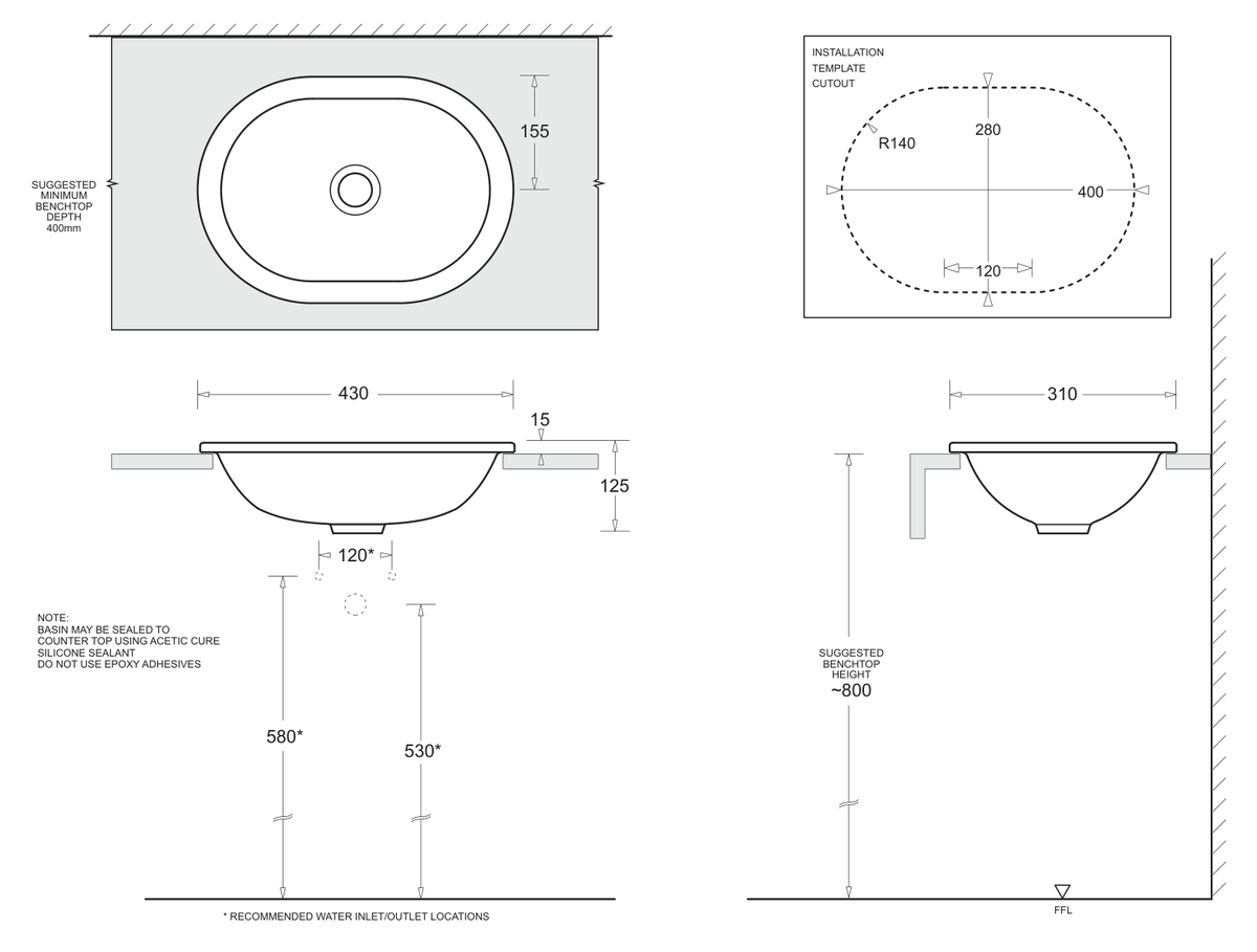 Emilia Oval Vanity Basin 430 x 310 dimensions line drawing