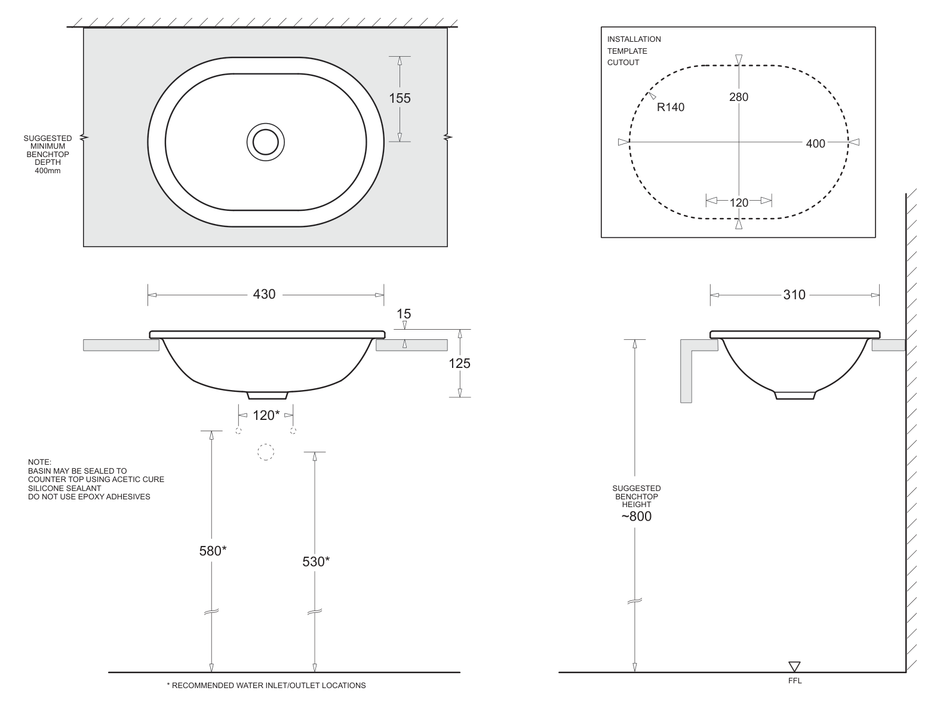 Emilia Oval Vanity Basin 430 x 310 dimensions line drawing