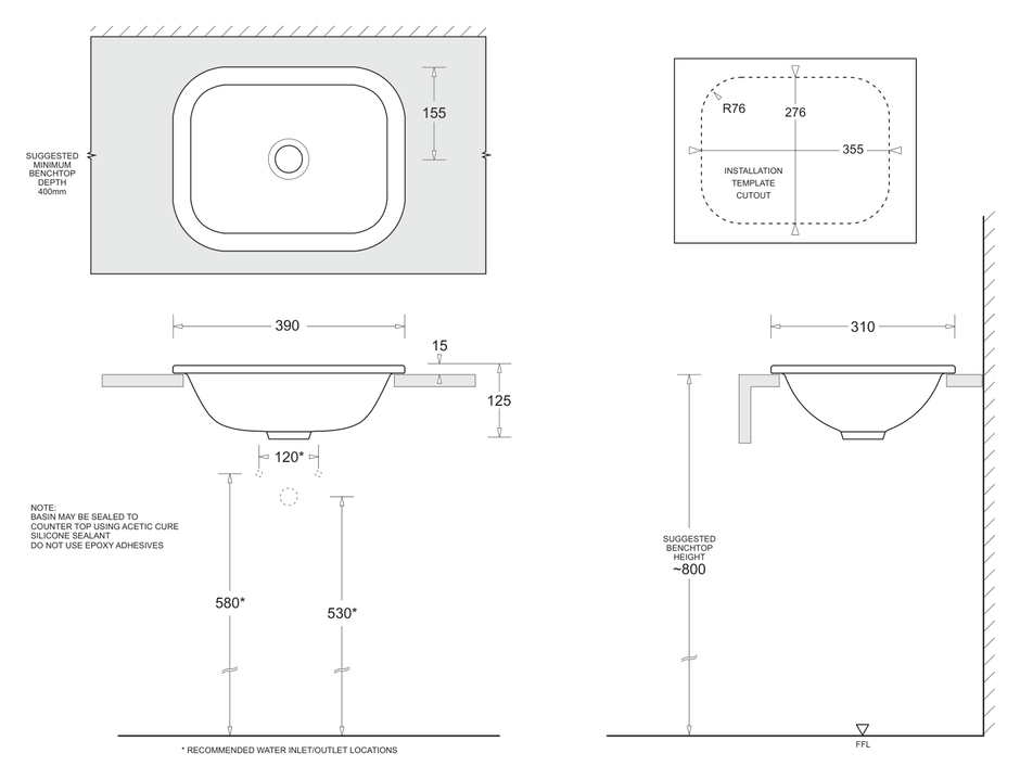 Emilia Rectangular Vanity Basin 390 x 310 dimensions line drawing