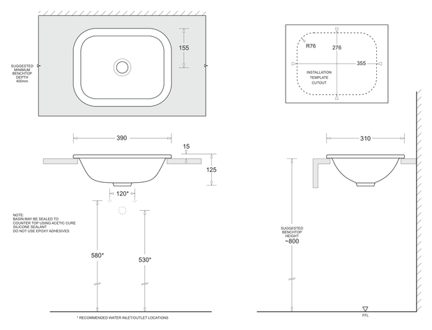 Emilia Rectangular Vanity Basin 390 x 310 dimensions line drawing