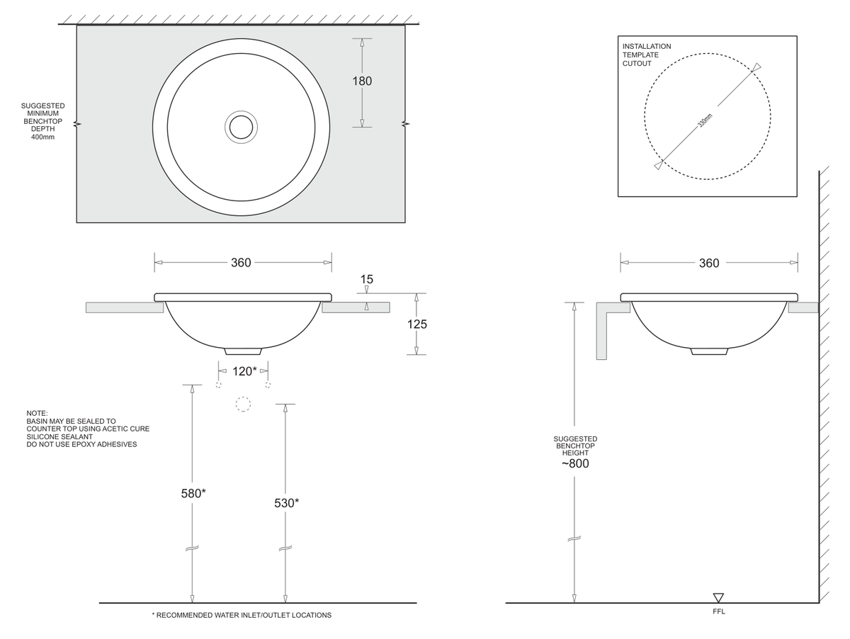 Emilia Round Vanity Basin 360 Diameter dimensions line drawing
