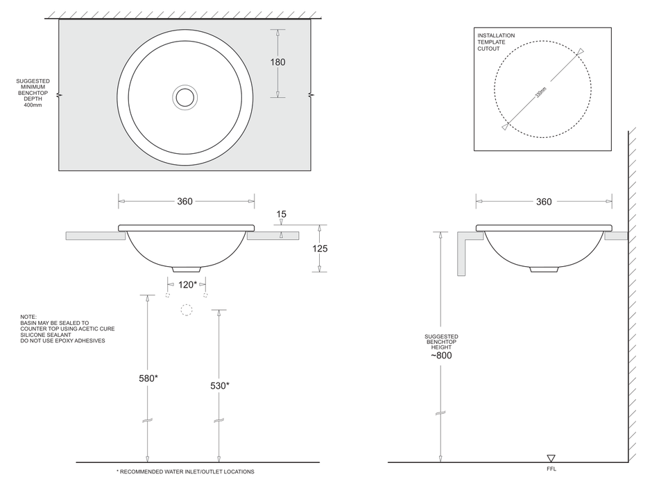 Emilia Round Vanity Basin 360 Diameter dimensions line drawing