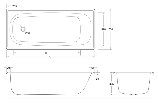 Esti 1700 Pressed Steel Enamelled Bath dimensions line drawing