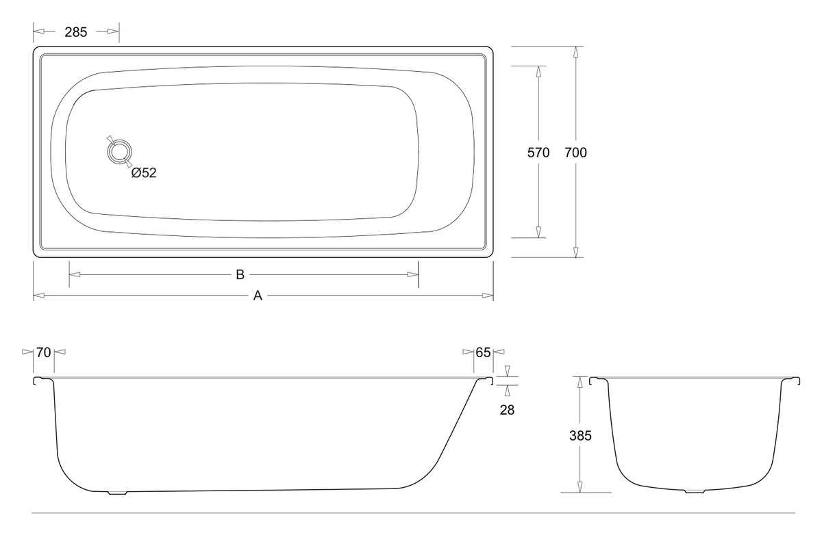 Esti 1500 Pressed Steel Enamelled Bath dimensions line drawing