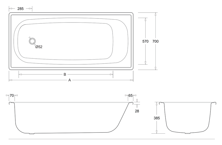 Esti 1500 Pressed Steel Enamelled Bath dimensions line drawing