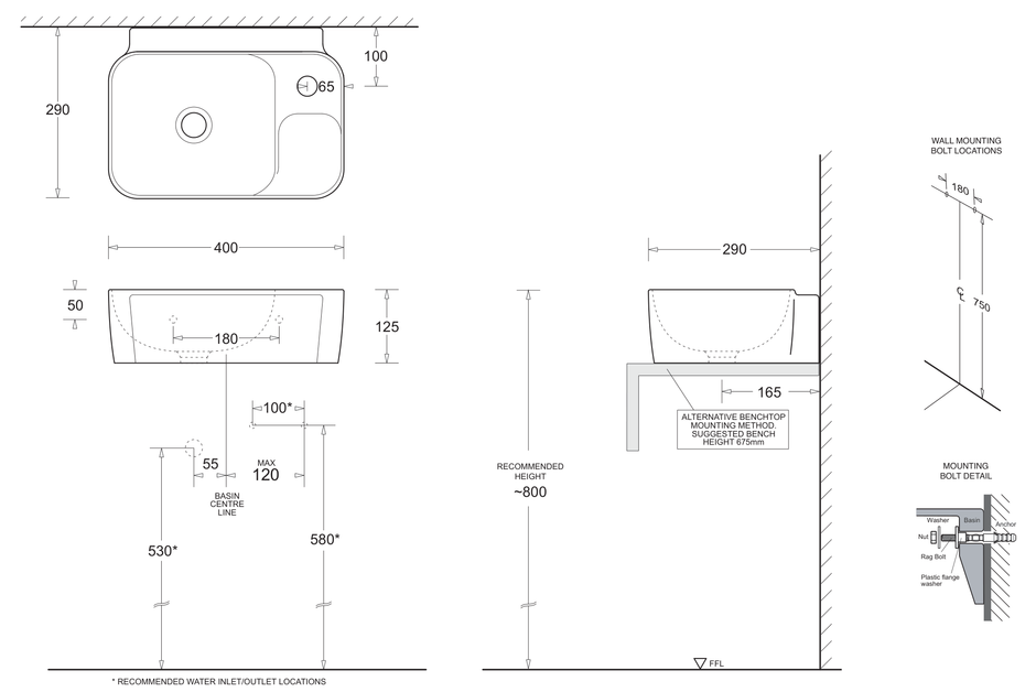 Gemelli Compact Wall Basin 400 x 290 dimensions line drawing