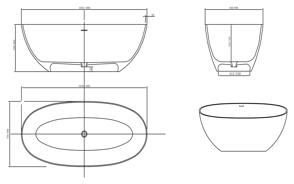 Gemelli 1650 Freestanding Bath Matte White dimensions line drawing