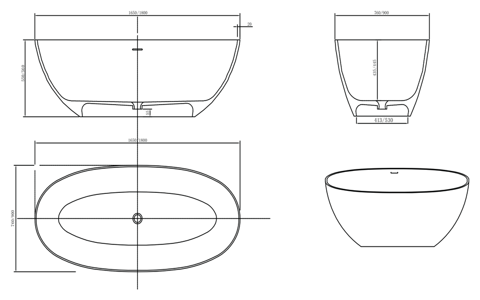 Gemelli 1650 Freestanding Bath Matte White dimensions line drawing