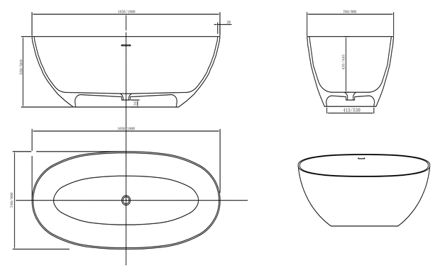 Gemelli 1650 Freestanding Bath Matte White dimensions line drawing