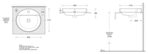Gemelli Oval Semi Inset Basin 450 x 410 dimensions line drawing