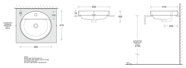 Gemelli Oval Semi Inset Basin 450 x 410 dimensions line drawing