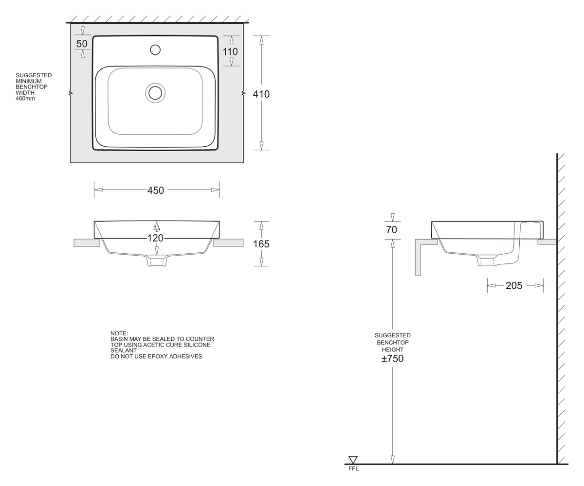 Gemelli Rectangular Semi Inset Basin 450 x 410 dimensions line drawing