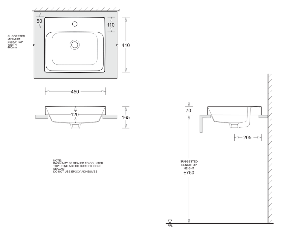 Gemelli Rectangular Semi Inset Basin 450 x 410 dimensions line drawing