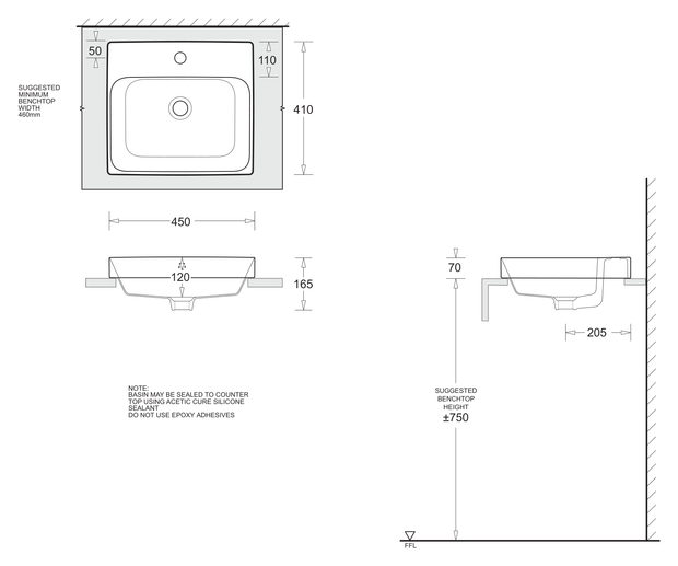 Gemelli Rectangular Semi Inset Basin 450 x 410 dimensions line drawing