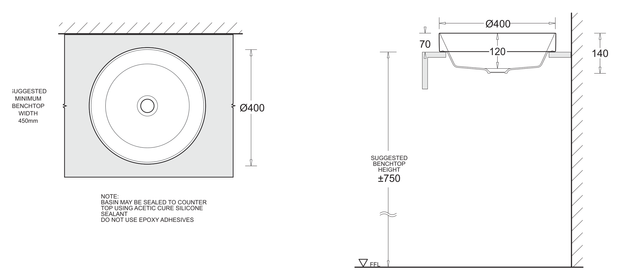 Gemelli Round Semi Inset Basin 400 Diameter dimensions line drawing
