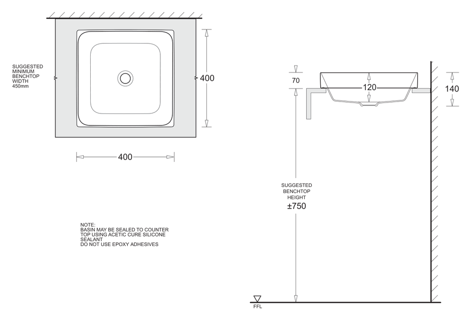 Gemelli Square Semi Inset Basin 400 x 400 dimensions line drawing