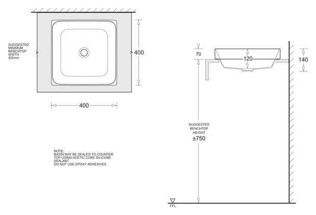 Gemelli Square Semi Inset Basin 400 x 400 dimensions line drawing