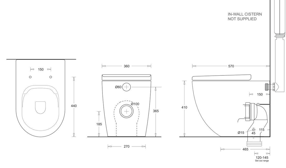Gemelli Wall Faced Rimless Toilet Pan With Seat dimensions line drawing