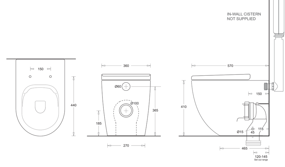 Gemelli Wall Faced Rimless Toilet Pan With Seat dimensions line drawing