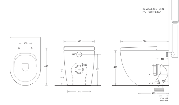 Gemelli Wall Faced Rimless Toilet Pan With Seat dimensions line drawing