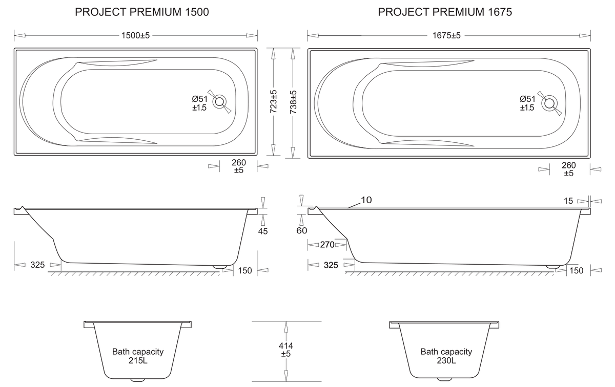 Project Premium 1675 Acrylic Bath dimensions line drawing