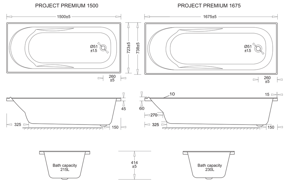 Project Premium 1500 Acrylic Bath dimensions line drawing