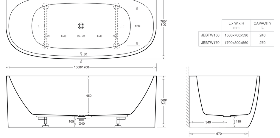 Venezia 1700 Back To Wall Bath Gloss White dimensions line drawing