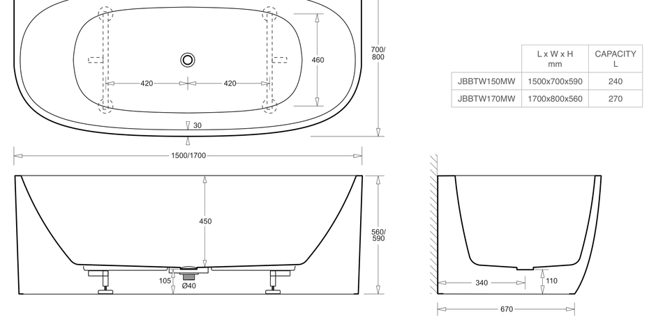 Venezia 1500 Back To Wall Bath Matte White dimensions line drawing