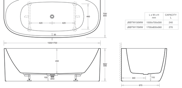 Venezia 1500 Back To Wall Bath Matte White dimensions line drawing