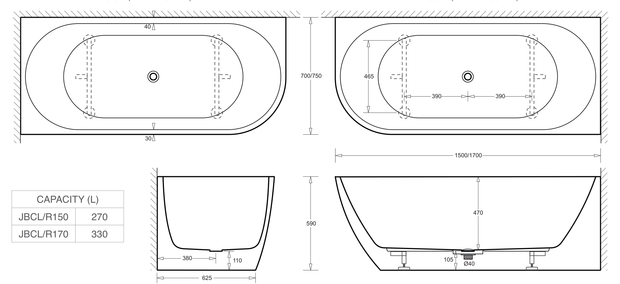 Venezia 1700 Right Corner Bath Gloss White dimensions line drawing